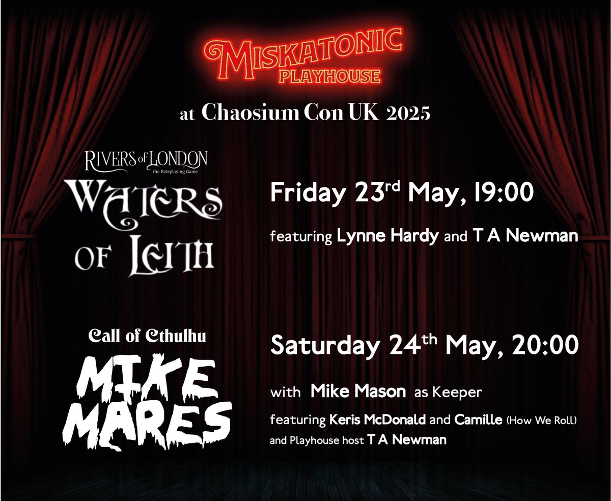 Attending <a href="/Chaosium_Inc/">Chaosium</a> Con UK? 🥳 Check out the Miskatonic Playhouse’s River’s of London game here - tabletop.events/conventions/ch… it’s gonna be a riot!

Find us for our #CallofCthulhu game with Mike Mason as Keeper here - tabletop.events/conventions/ch… you’ll get MikeMares! 😱

BOOK NOW!