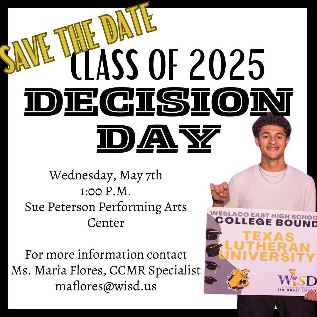 Seniors, it's almost time to celebrate YOU! Decision Day is around the corner, and we want to highlight your next steps — college, career, or military! Don’t miss out — the DEADLINE TO SIGN UP IS THIS FRIDAY, APRIL 11TH. You may sign up using the link on Google Classroom.