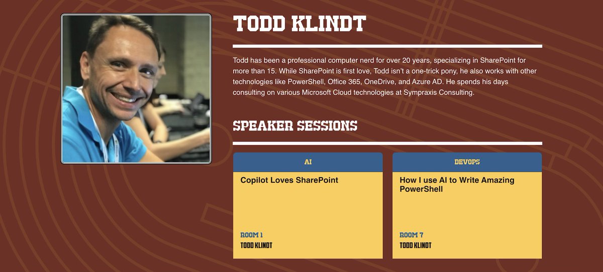 Sympraxis Consulting (@sympraxisc) on Twitter photo ๐ <a href="/ToddKlindt/">Todd Klindt - Computer Nerd</a> at <a href="/TechoramaBE/">Techorama</a> โ May 26-28 in Antwerp! ๐ง๐ช Get ready for โ๏ธ must-see sessions:
โ
#Copilot Loves #SharePoint
โ
How I Use #AI to Write Amazing #PowerShell
His sessions are always a blast, packed with tips you can use immediately! ๐ฅ techorama.be ๐ <a href="/ToddKlindt/">Todd Klindt - Computer Nerd</a> at <a href="/TechoramaBE/">Techorama</a> โ May 26-28 in Antwerp! ๐ง๐ช Get ready for โ๏ธ must-see sessions:
โ
#Copilot Loves #SharePoint
โ
How I Use #AI to Write Amazing #PowerShell
His sessions are always a blast, packed with tips you can use immediately! ๐ฅ techorama.be