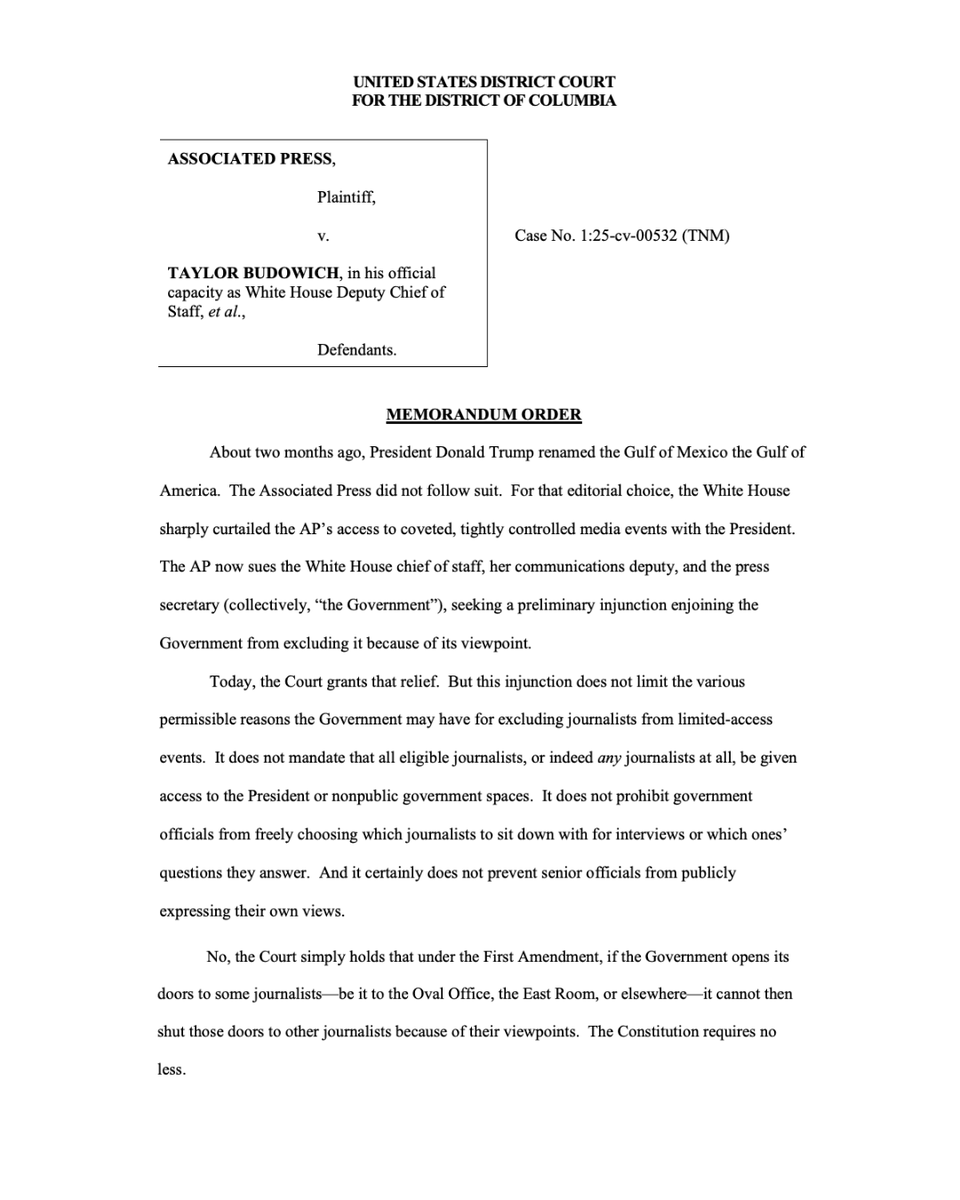 FIRE (@thefireorg) on Twitter photo BREAKING: A federal court just blocked the White House from denying the <a href="/AP/">The Associated Press</a> access to presidential press events based on its editorial choices.
The decision reaffirms that “under the First Amendment, if the Government opens its doors to some journalists—be it to the Oval Office, BREAKING: A federal court just blocked the White House from denying the <a href="/AP/">The Associated Press</a> access to presidential press events based on its editorial choices.
The decision reaffirms that “under the First Amendment, if the Government opens its doors to some journalists—be it to the Oval Office,
