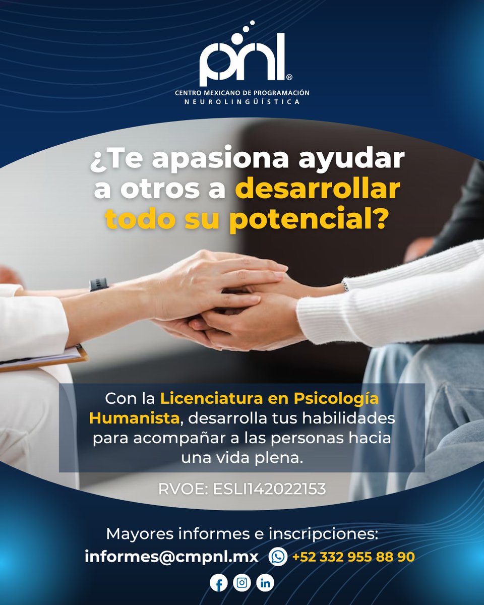 CMPNL's tweet photo. La Licenciatura en Psicología Humanista con enfoque en PNL es un programa diseñado exclusivamente para el crecimiento y transformación personal.

¿Listo para transformar vidas con la Psicología Humanista? Inscríbete hoy mismo.
📷 informes@cmpnl.edu.mx
📷 +52 332 955 88 90 https://t.co/XYeAvcwpeX