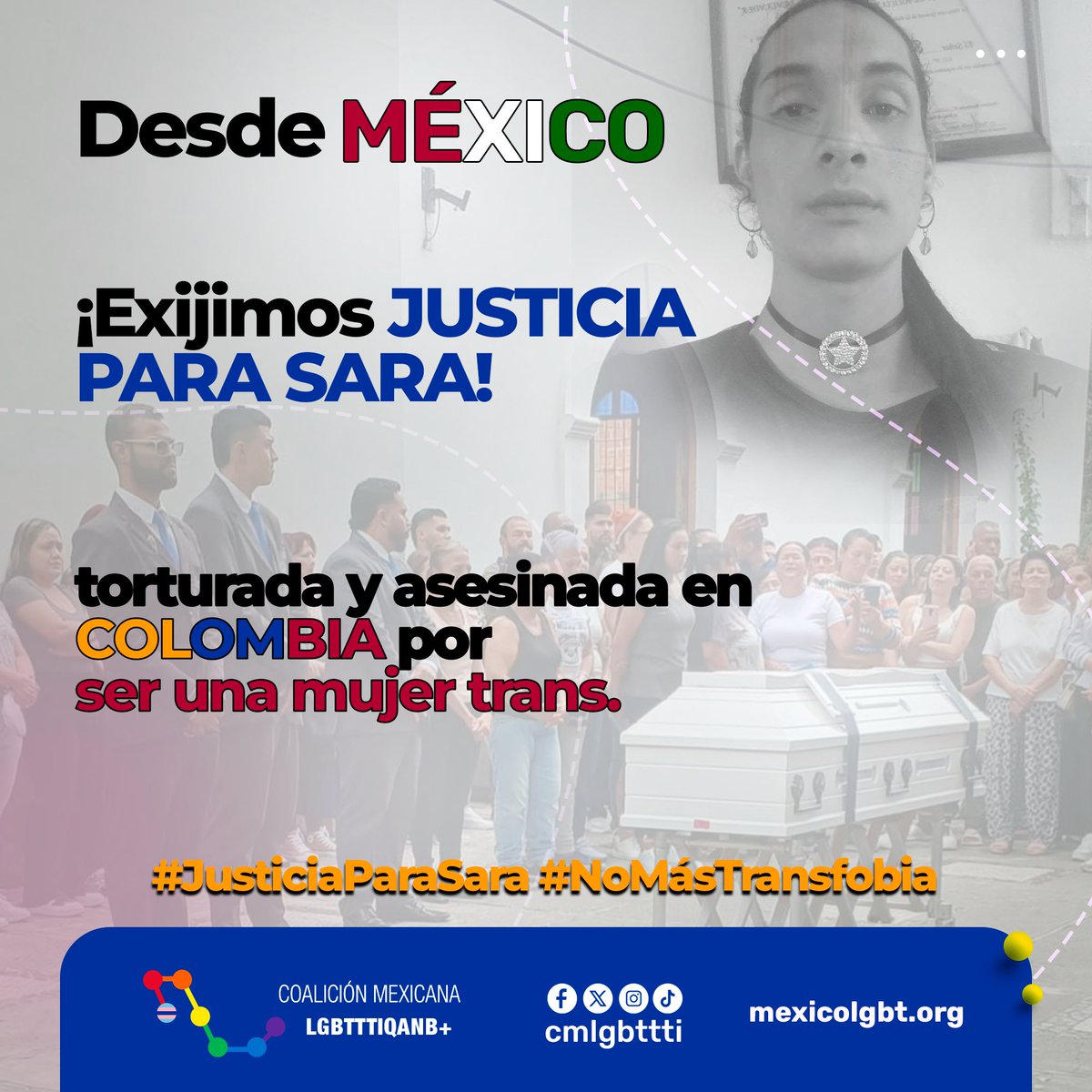 cmlgbttti's tweet photo. 🏳️‍⚧️Desde México alzamos la voz por #SaraMillerey  González, mujer trans asesinada en Antioquia, Colombia.
Su muerte duele, su vida importa.
La transfobia no conoce fronteras. Exigimos justicia.
Porque ser trans no debe costar la vida.
#JusticiaParaSara #NoMásTransfobia https://t.co/AO6JO1bIEh