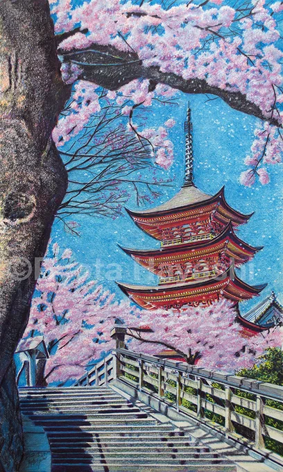 桜のある風景 第8回広島憧憬 桜の宮島五重塔/色鉛筆(カリスマカラー)/2022年3月/530mm×318mm(muse Doアートペーパー)#色鉛筆画 #林亮太 #風景画 