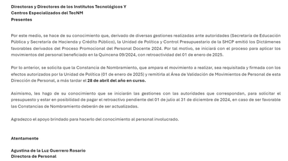 Atendiendo la exigencia de los compañeros  agradecemos su confianza y paciencia y les confirmamos nuestro compromiso para exigir el cumplimiento total al derecho ganado y pactado en el PROYECTO PROMOCIONAL 2024.
Armando Avalos Arceo
Srio General Sección 61 SNTE Tecnológicos