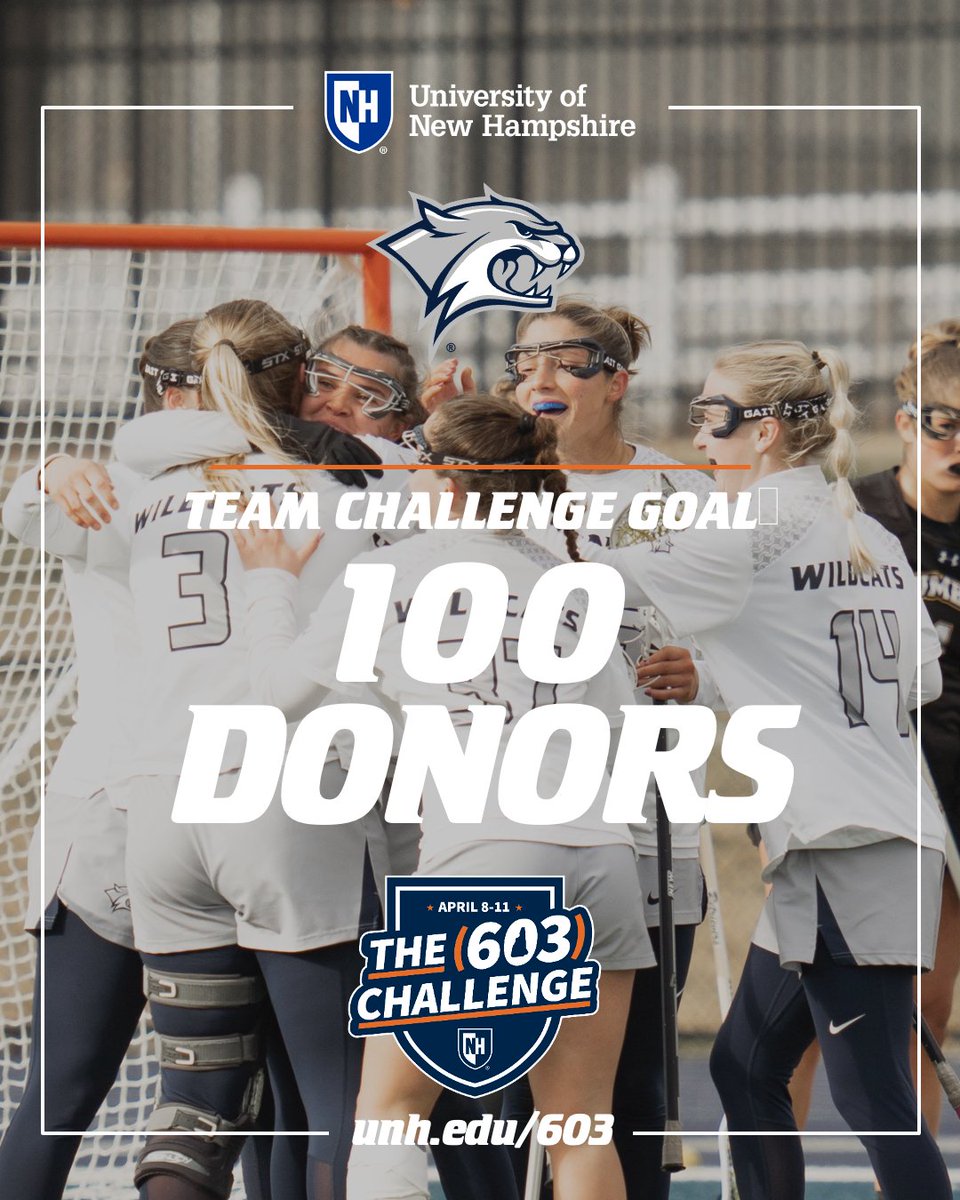 UNHWomensLax's tweet photo. The (603) Challenge continues today. Help us reach our goal of 100 donors to unlock a bonus fund and make this the best (603) Challenge yet! #UNH603

Donate ➡️ https://t.co/x06S7kxSFI https://t.co/m0QMg0Y7Ik