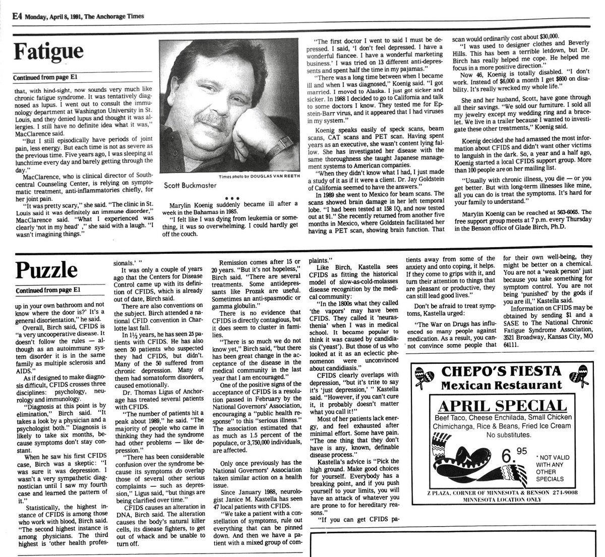 RFH1955's tweet image. The Anchorage Times, Alaska, US. 8th April 1991. #mecfs #cfsme #myalgicencephalomyelitis #myalgice