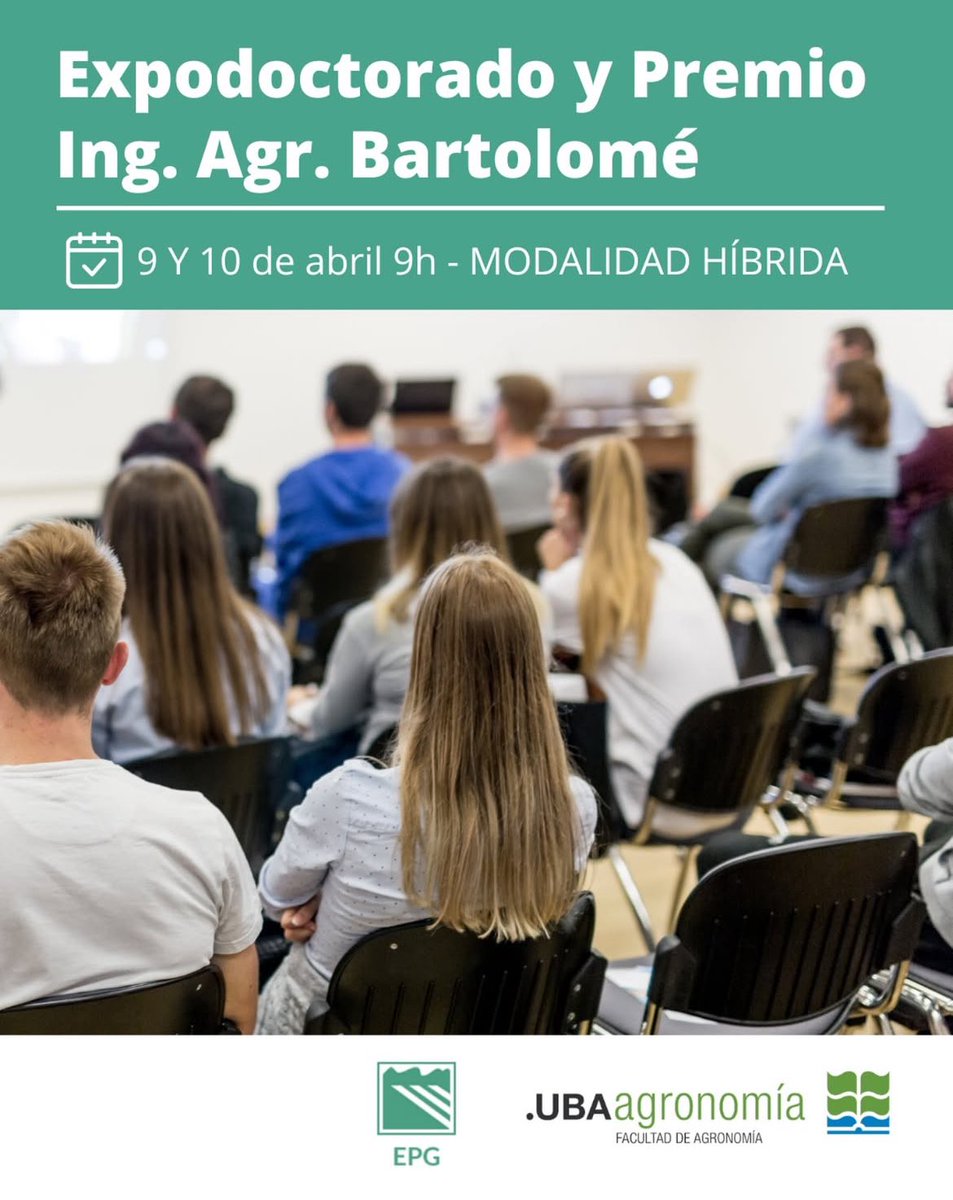 ¡Llega la #ExpoDoctorado 2025 y el #PremioBartolomé en FAUBA!
Presentaciones doctorales + premiación a la mejor tesis en cultivos extensivos.
🗓️ Mié 9/4 (presencial y virtual) | Jue 10/4 (virtual)
📍Aula 3, Escuela para Graduados, FAUBA
+info y streaming en nuestra bio
#FAUBA