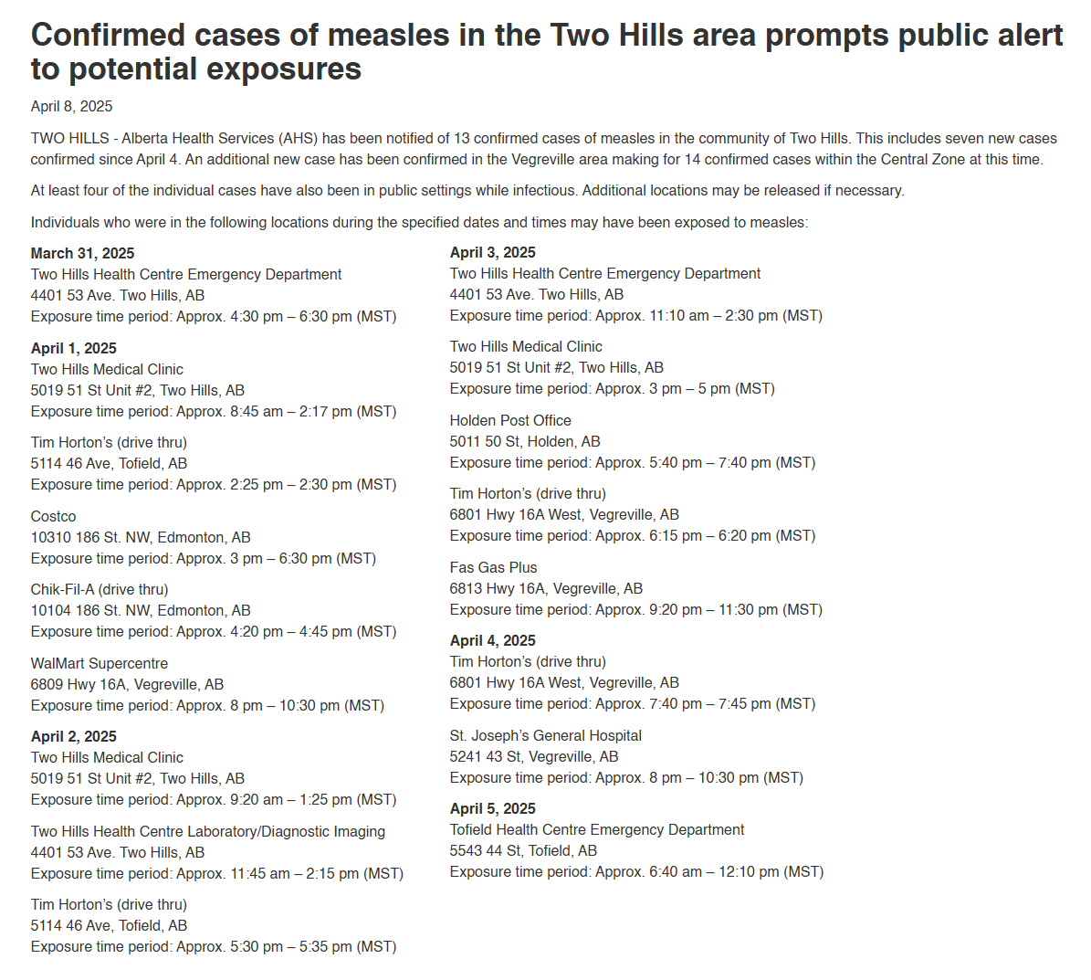 cmcalgary's tweet photo. New from AHS today, +7 confirmed cases of Measles in #Alberta, bringing the total to 43 (up from 36 yesterday). 

They put out an alert for Central Alberta (Two Hills/Vegreville) with a timeline of where people may have been exposed: 

https://t.co/edZ7nGISmp #Measles #abpoli https://t.co/xD4hssPaXF