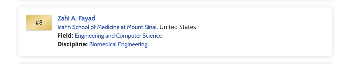 Congrats to our director <a href="/zahifayad/">zahifayad</a> for ranking #8 globally in Multimodality on the 2024 Highly Ranked Scholars list by <a href="/ScholarGPS/">ScholarGPS</a>—top 0.05% worldwide for lifetime impact, productivity &amp; excellence! 👏