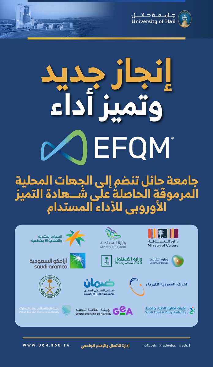 _UOH's tweet photo. #إنجاز | ✨

#جامعة_حائل تنضم إلى المنشآت المحلية والعالمية المرموقة الحاصلة على شهادة التميز الأوروبي للأداء المستدام. https://t.co/Zrsq1mE1C6