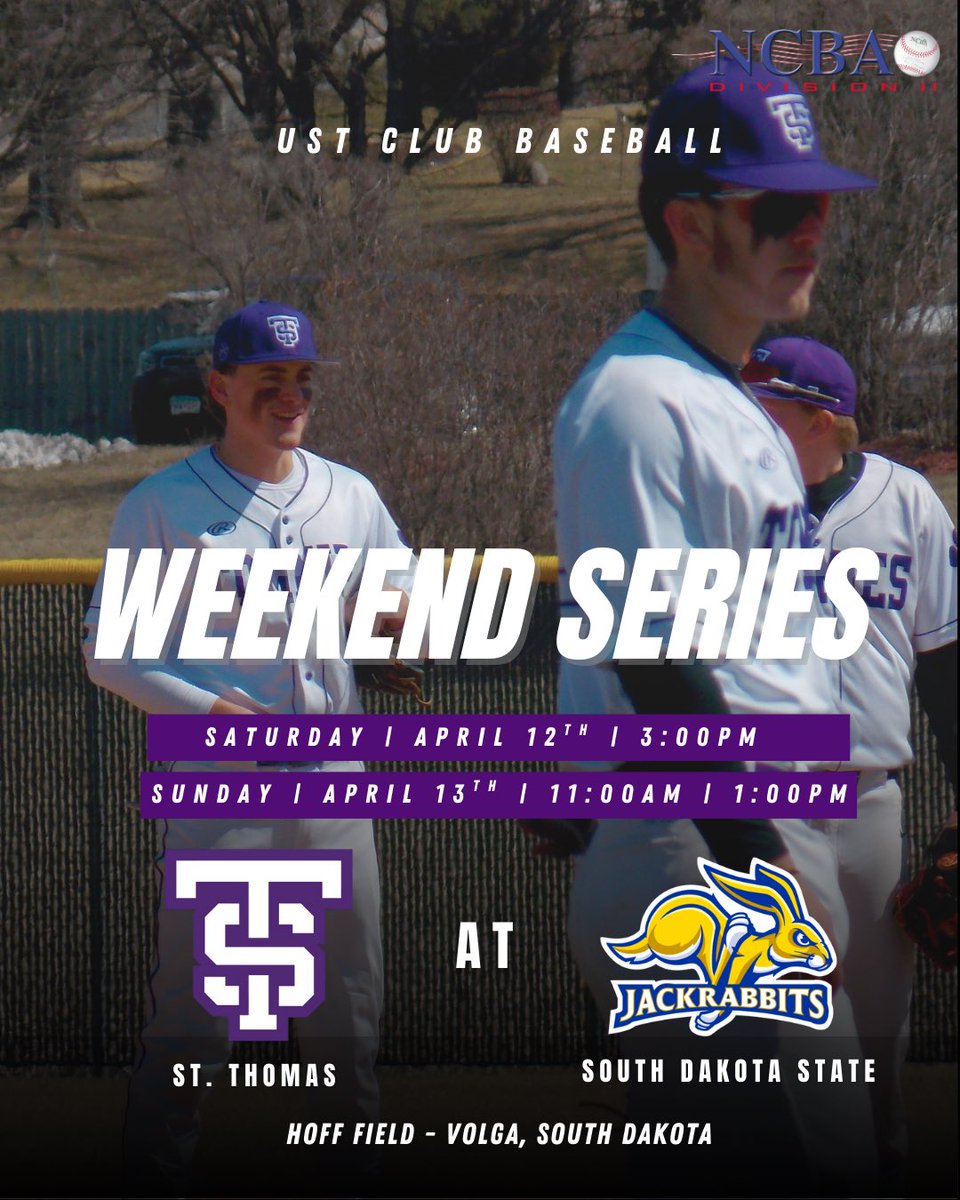 ClubBaseballUST's tweet photo. It’s game week, and the boys are on the road! Here’s everything you need to know for the weekend tilt against South Dakota State!🔥😈

#shocktheworld
#justagroupofguys https://t.co/SFqy9H0bY3
