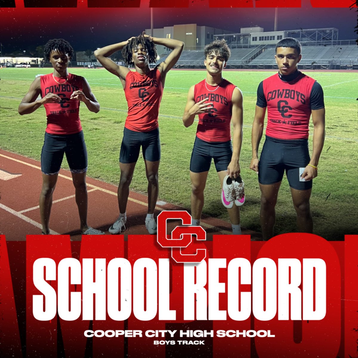 Congratulations to Adrian Jimenez, Thomas Bethea, Davis Griffin, and Jaden Torres for setting a new school record in the 4x400.  Go Cowboys!  <a href="/Principal_CCHS/">Principal Perkovic</a> <a href="/CooperCityHigh/">Cooper City High School</a>