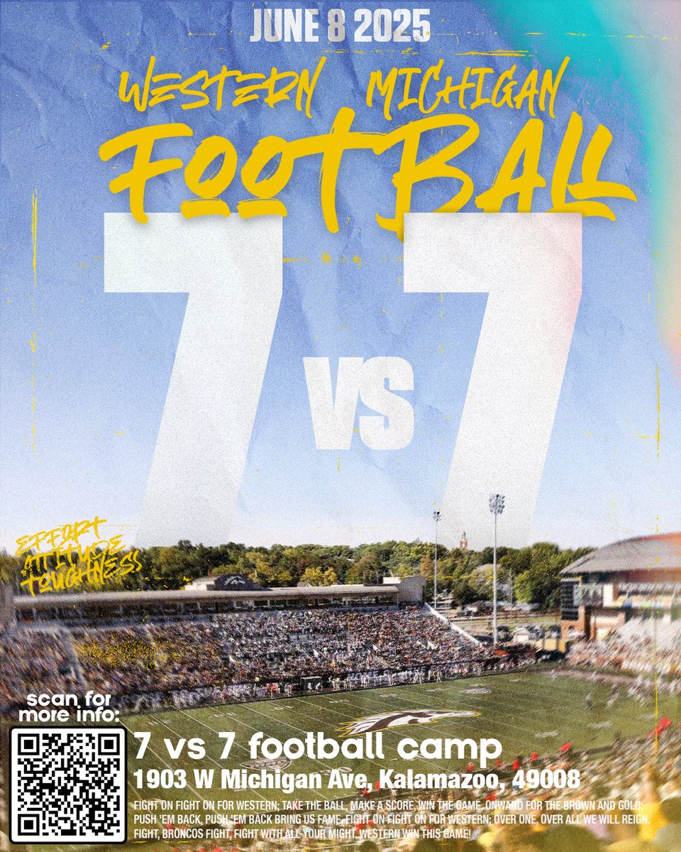 Speed. Skill. Next-level mindset.
WMU 7v7 Camp — Where the best come to compete!

🔗Registration link is live! register.ryzer.com/camp.cfm?sport…

#EAT | #BroncosReign