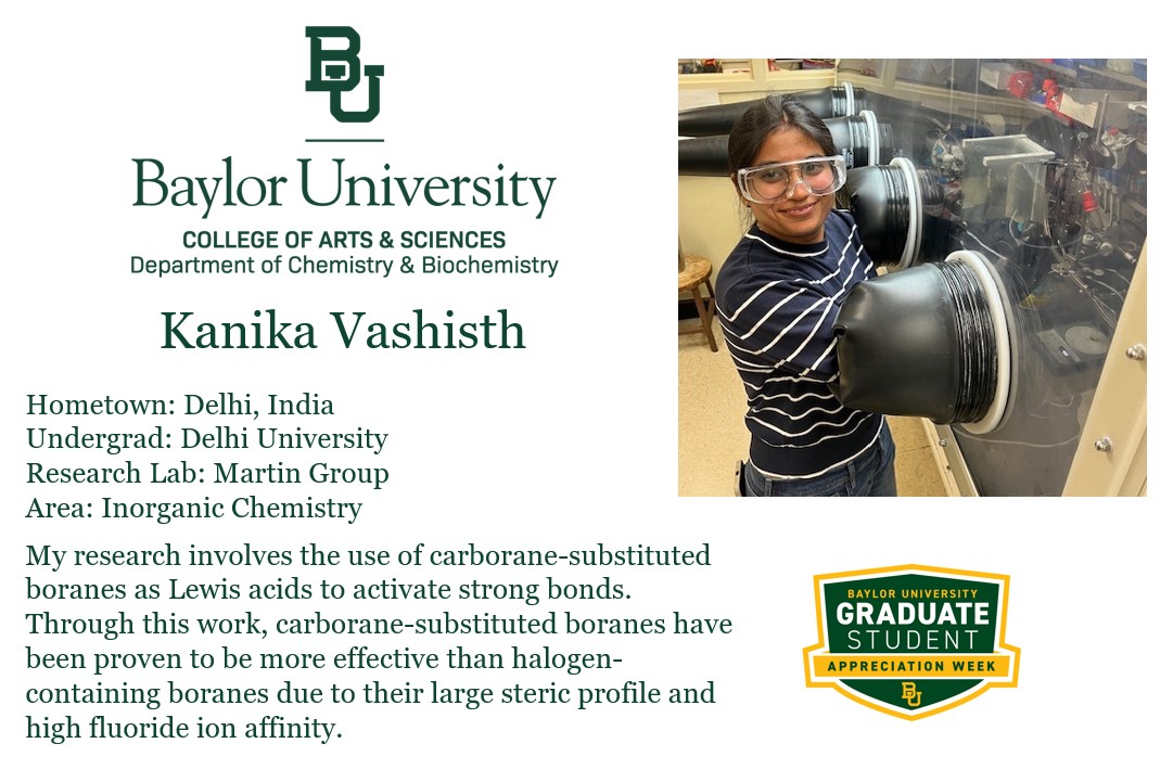 Baylor Chemistry (@baylorcbc) on Twitter photo Graduate Student Appreciation Week - celebrating <a href="/KanikaVashisth/">kanika vashisth</a>. Her research has shown that carborane-substituted boranes are more effective than halogen-containing boranes due to their large steric profile and high fluoride ion affinity. <a href="/baylorgraduate/">Baylor Graduate School</a> Graduate Student Appreciation Week - celebrating <a href="/KanikaVashisth/">kanika vashisth</a>. Her research has shown that carborane-substituted boranes are more effective than halogen-containing boranes due to their large steric profile and high fluoride ion affinity. <a href="/baylorgraduate/">Baylor Graduate School</a>