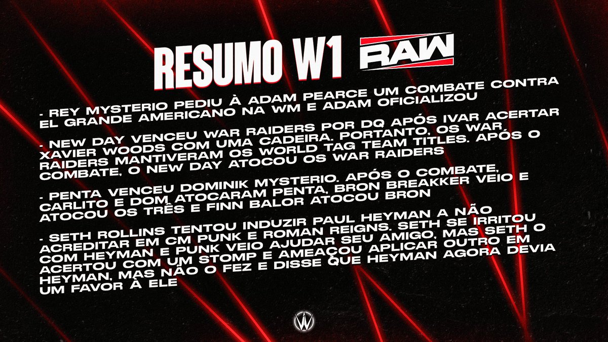 WrestleOneBR's tweet photo. 🔴 #ResumoW1 - #WWERAW 

Antes tarde do que nunca, o resumo de ontem do RAW está na telinha: Destacando as movimentações em todos os cinturões, seja em lutas ou em promos, e a belíssima ideia de Seth Rollins para forçar Heyman a dar-lhe um favor. https://t.co/aOM4Nk9MbX