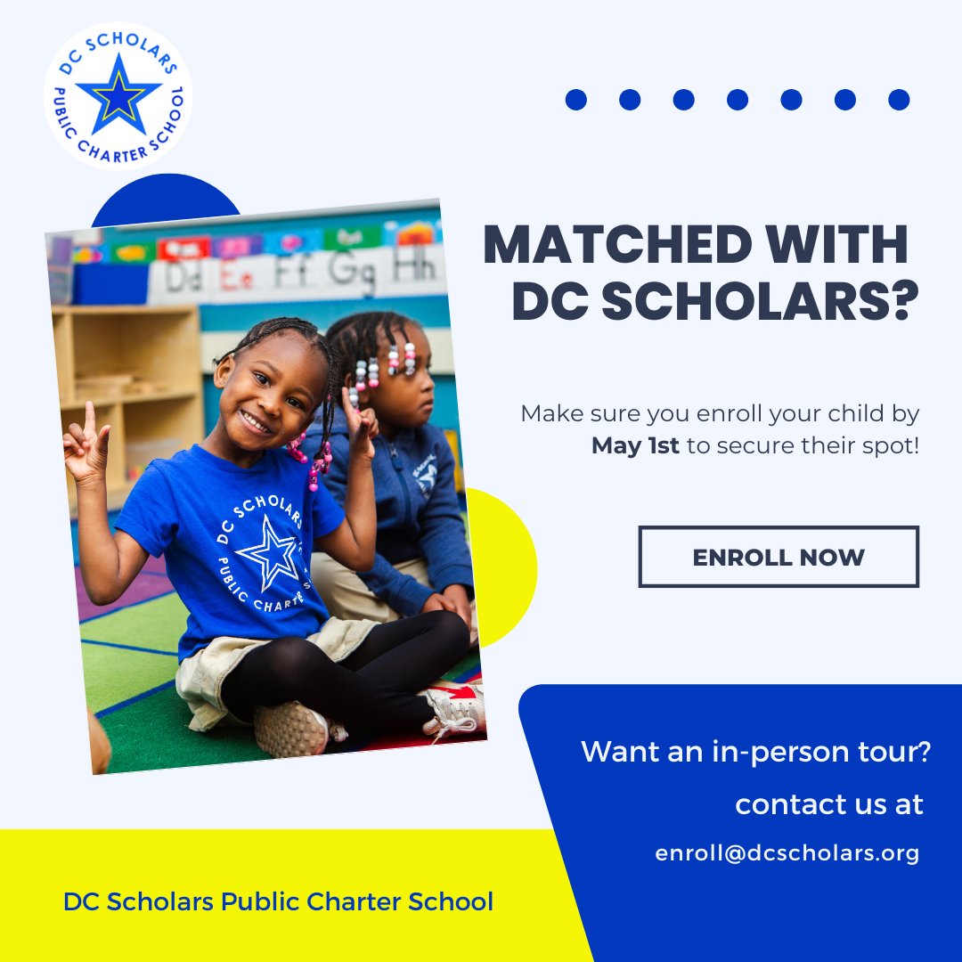 DC Scholars PCS (@dcscholarspcs) on Twitter photo If your child was matched with DC Scholars for the 2025-26 school year, make sure you enroll your child by May 1st. Visit the New Families section of our website to learn more about the enrollment process. dcscholars.org/apps/pages/enr… <a href="/dcpcsb/">DC PCSB #DCCharterProud</a> #DCScholars #PublicCharterSchool If your child was matched with DC Scholars for the 2025-26 school year, make sure you enroll your child by May 1st. Visit the New Families section of our website to learn more about the enrollment process. dcscholars.org/apps/pages/enr… <a href="/dcpcsb/">DC PCSB #DCCharterProud</a> #DCScholars #PublicCharterSchool