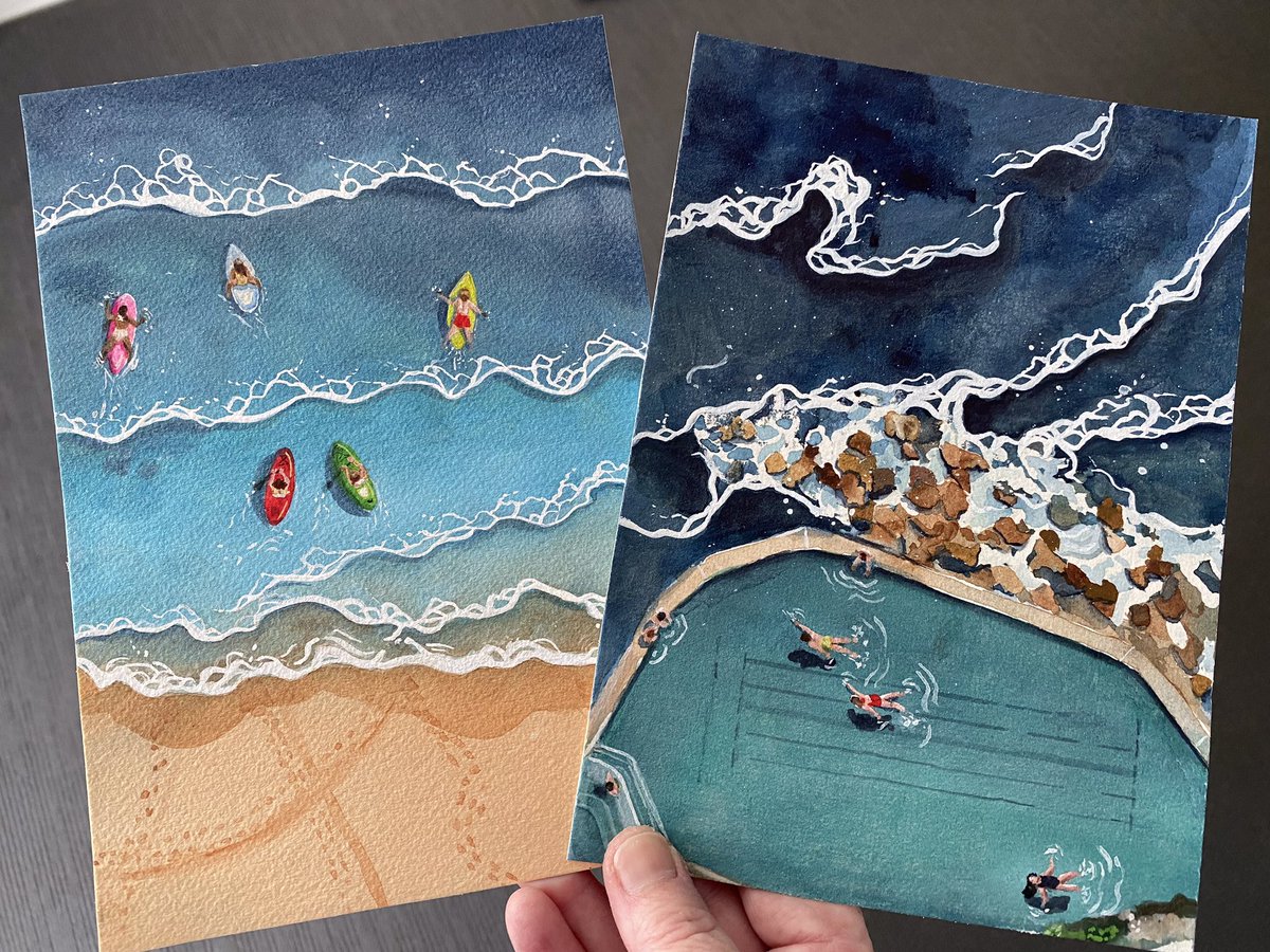 I’ve been doing some different art, these are made using all my shimmery watercolours- finally! These ones are going to an art show but they’re so fun to make, I’m going to paint about 73 more.🩷🎨🌊 #oceanbaths #beachpainting