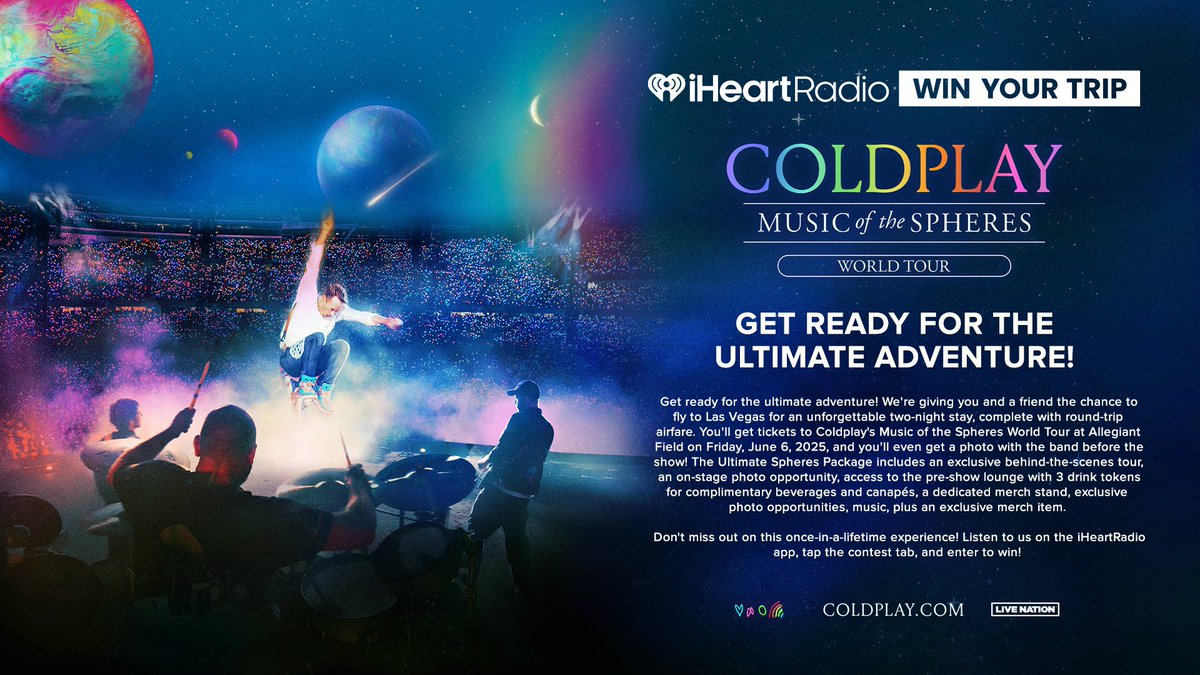 iHeartRadio's tweet photo. Win your trip to see @coldplay on the Music of the Spheres World Tour! 💫

Fly to Las Vegas for an unforgettable two-night stay, complete with round-trip airfare. We'll take care of your tickets and you'll get to meet the band before the show.

Listen to enter: https://t.co/ieQBArlFf0