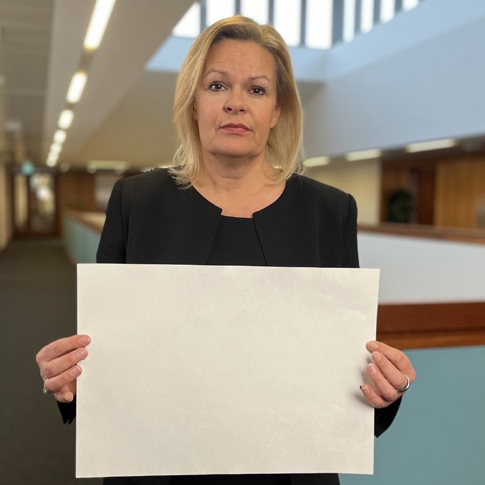 goddek's tweet photo. 🇩🇪 This is Germany’s Minister of the Interior, @NancyFaeser, holding up a sign.
A journalist photoshopped it to say “I hate free speech”—clearly satire.
For that, he was just sentenced to 7 months of prison (probation) for “defaming a politician.”
Yes, in Germany, politicians are shielded by special laws that protect them from mockery, while the same system calls citizen criticism “hate speech.”
My question is: What should be written on that sign? “I’m a socialist c*nt” would probably be more honest.
So do whatever you want with this template, and don’t forget to tag that enemy of free speech.