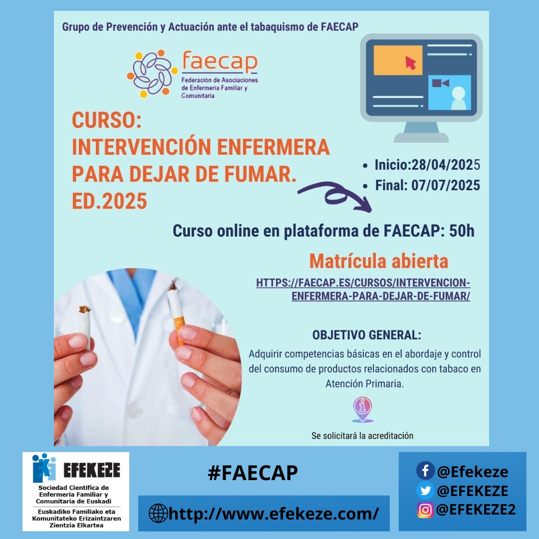 EFEKEZE (@efekeze) on Twitter photo 🔊Pospuesto el curso Intervención enfermera para dejar de fumar al 28 de abril.
👉Si no te has inscrito y te interesa...aún estás a tiempo de inscribirte!
✍💚🔗👇
faecap.es/cursos/curso-i……
<a href="/SEAPREMUR1/">@SEAPREMUR</a>
<a href="/faecap/">FAECAP +S</a> <a href="/AdelaidaLPolo/">Adelaida Lozano Polo</a> <a href="/Judd___/">J U D I T</a> 🔊Pospuesto el curso Intervención enfermera para dejar de fumar al 28 de abril.
👉Si no te has inscrito y te interesa...aún estás a tiempo de inscribirte!
✍💚🔗👇
faecap.es/cursos/curso-i……
<a href="/SEAPREMUR1/">@SEAPREMUR</a>
<a href="/faecap/">FAECAP +S</a> <a href="/AdelaidaLPolo/">Adelaida Lozano Polo</a> <a href="/Judd___/">J U D I T</a>