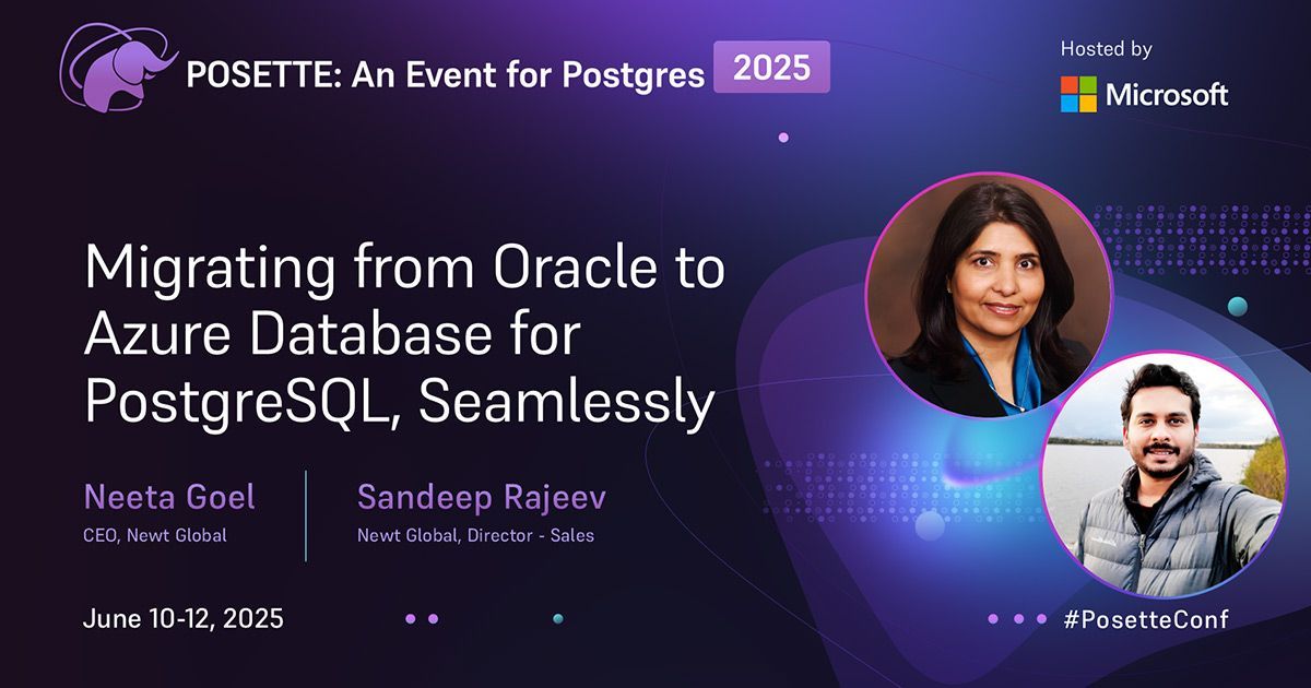 AzureDBPostgres's tweet image. 🪽 Neeta Goel (@goel_neeta) &amp;amp; Sandeep Rajeev join forces to tell us about &quot;Migrating from Oracle to Azure Database for #PostgreSQL, Seamlessly&quot; at #Posetteconf 2025 (Livestream 3 on Wed Jun 11th @12:00pm PDT (UTC-7)) 🐘 

Learn more: posetteconf.com/2025/talks/mig…