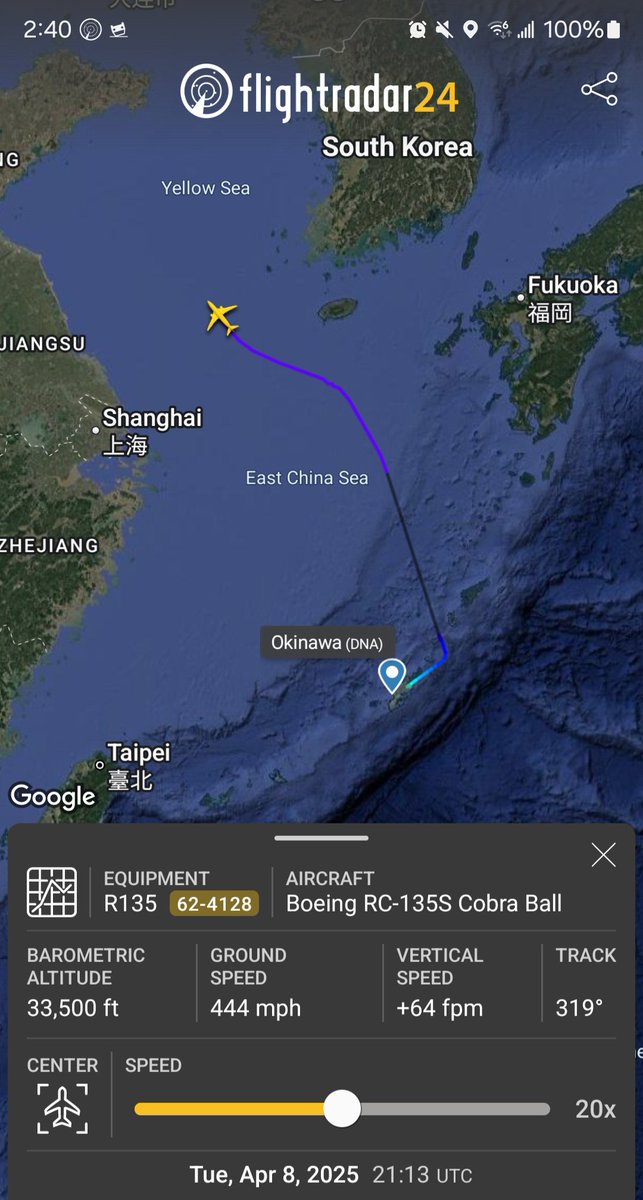 Borrowed7Time's tweet image. USAF RC-135S Cobra Ball 62-4128 #AE01D7 out of Kadena AFB, Okinawa, currently operating over the Yellow Sea.

The Cobra Ball is deployed to collect optical and electronic data on ballistic targets.
@sipjack1776 @_shrimpsisbugs