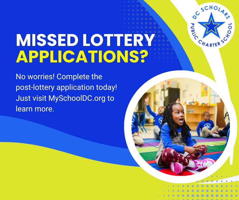 DC Scholars PCS (@dcscholarspcs) on Twitter photo Did you miss the lottery application deadline? You can complete a post-lottery application today, and your child will be immediately added to our waitlist. To apply, please visit the <a href="/MySchoolDC/">My School DC</a> website to learn more! <a href="/dcpcsb/">DC PCSB #DCCharterProud</a> #DCScholars #PublicCharterSchool #CharterSchoolLottery Did you miss the lottery application deadline? You can complete a post-lottery application today, and your child will be immediately added to our waitlist. To apply, please visit the <a href="/MySchoolDC/">My School DC</a> website to learn more! <a href="/dcpcsb/">DC PCSB #DCCharterProud</a> #DCScholars #PublicCharterSchool #CharterSchoolLottery