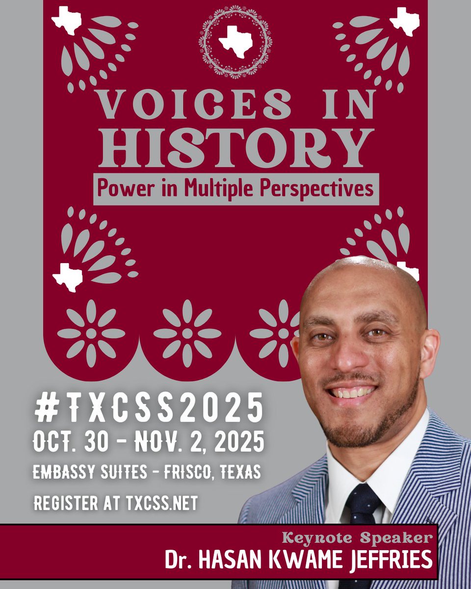📢📢📢📢📢📢📢
#TXCSS is thrilled to announce that @profjeffries will be the keynote speaker for #TXCSS2025!
Don't miss your chance to be part of this year’s conference—submit your presentation proposal today at txcss.net/conference.
🗓️ Deadline: April 15
#VoicesInHistory