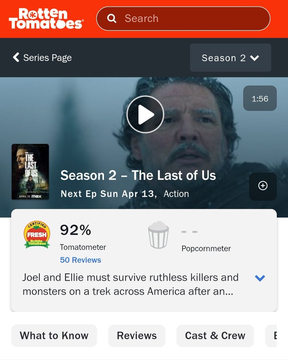 DiscussingFilm's tweet photo. ‘THE LAST OF US’ Season 2 is now Certified Fresh on Rotten Tomatoes. 

Read our review: https://t.co/KzLZdcbMrT https://t.co/ib5TJyJGCq