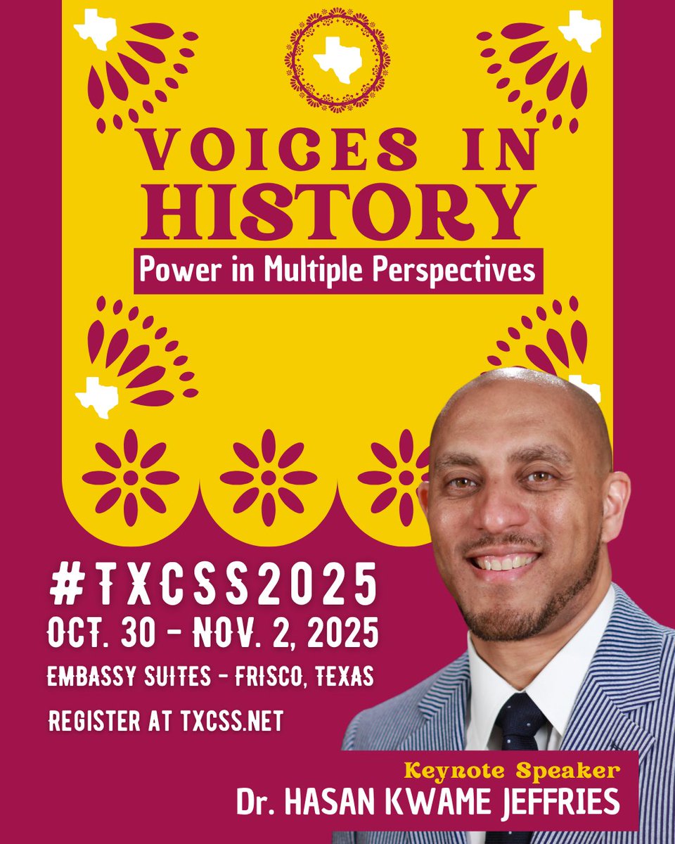 We’re SO excited to welcome @profjeffries as the #TXCSS2025 keynote speaker! 🎉
Share your ideas - Submit your session proposal by April 15 ➡️ txcss.net/conference
#VoicesInHistory #SocialStudies