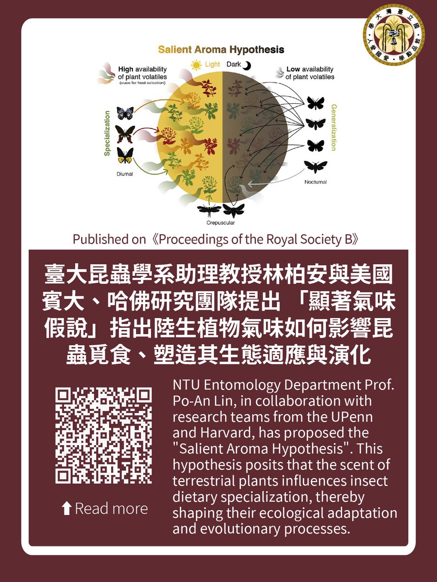 NTU Taiwan (@ntu_tw) on Twitter photo 🔬 Research led by NTU entomologist Po-An Lin and collaborators at <a href="/PennState/">Penn State News</a> and <a href="/Harvard/">Harvard University</a>, published in #ProceedingsB, shows that plant scent signals are key to shaping insect host range and evolution! Introducing the "Salient Aroma Hypothesis" – diurnal rhythms influence insect 🔬 Research led by NTU entomologist Po-An Lin and collaborators at <a href="/PennState/">Penn State News</a> and <a href="/Harvard/">Harvard University</a>, published in #ProceedingsB, shows that plant scent signals are key to shaping insect host range and evolution! Introducing the "Salient Aroma Hypothesis" – diurnal rhythms influence insect