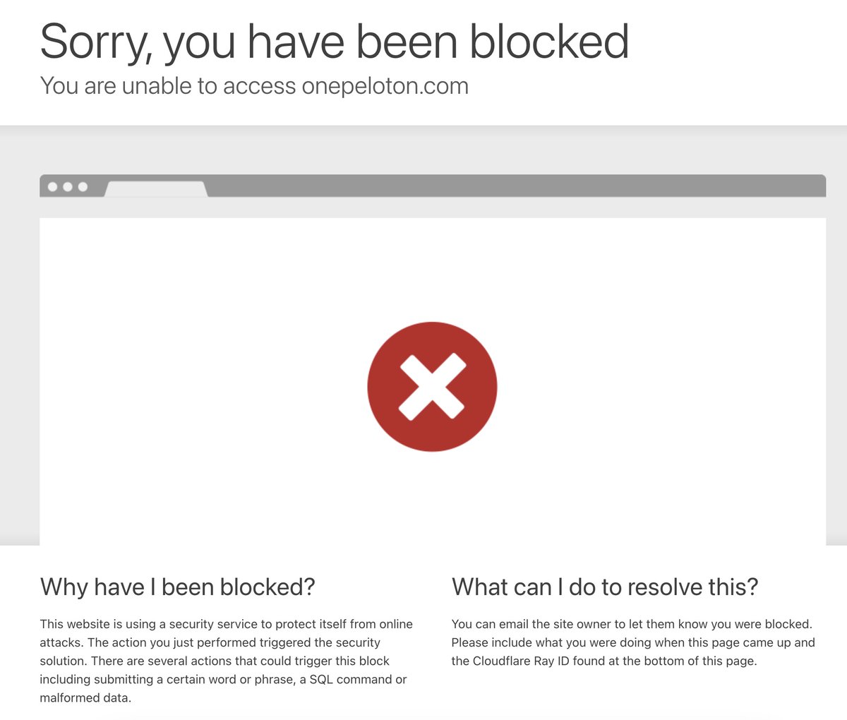 restjohn's tweet photo. @onepeloton When I try to load https://t.co/UUu1cP8B3E, I'm getting a message that the site's security has blocked my access.  My iOS app also fails to load. https://t.co/yhhe64ZvtJ