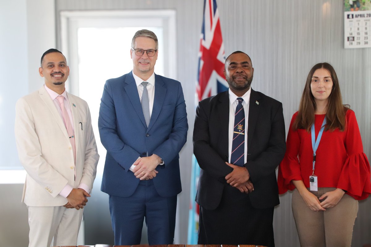 UNinFiji's tweet photo. .@UN Resident Coordinator @DirkWagenerUN met with Hon. Mosese Bulitavu, Minister of Environment & Waterways & PS Dr. @sivendram13. Key discussions included #UNOC3 & #EarlyWarning4All #EW4All. The UN reaffirms its commitment to continued collaboration in advancing the #SDGs in ๐ซ๐ฏ https://t.co/2jguFjkMy6