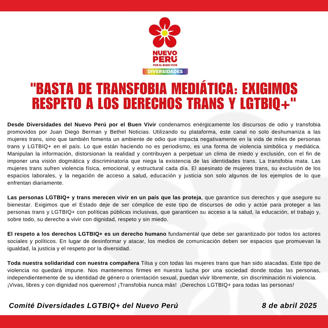 DiversidadesNP's tweet photo. Condenamos los ataques transfóbicos de Juan Diego Berman y Bethel Noticias.
La transfobia mata. Exigimos medidas y protección a los derechos LGTBIQ+ y trans.
Solidaridad con Tilsa y las mujeres trans atacadas.

¡Transfobia nunca más! https://t.co/lVlX9WqnjN