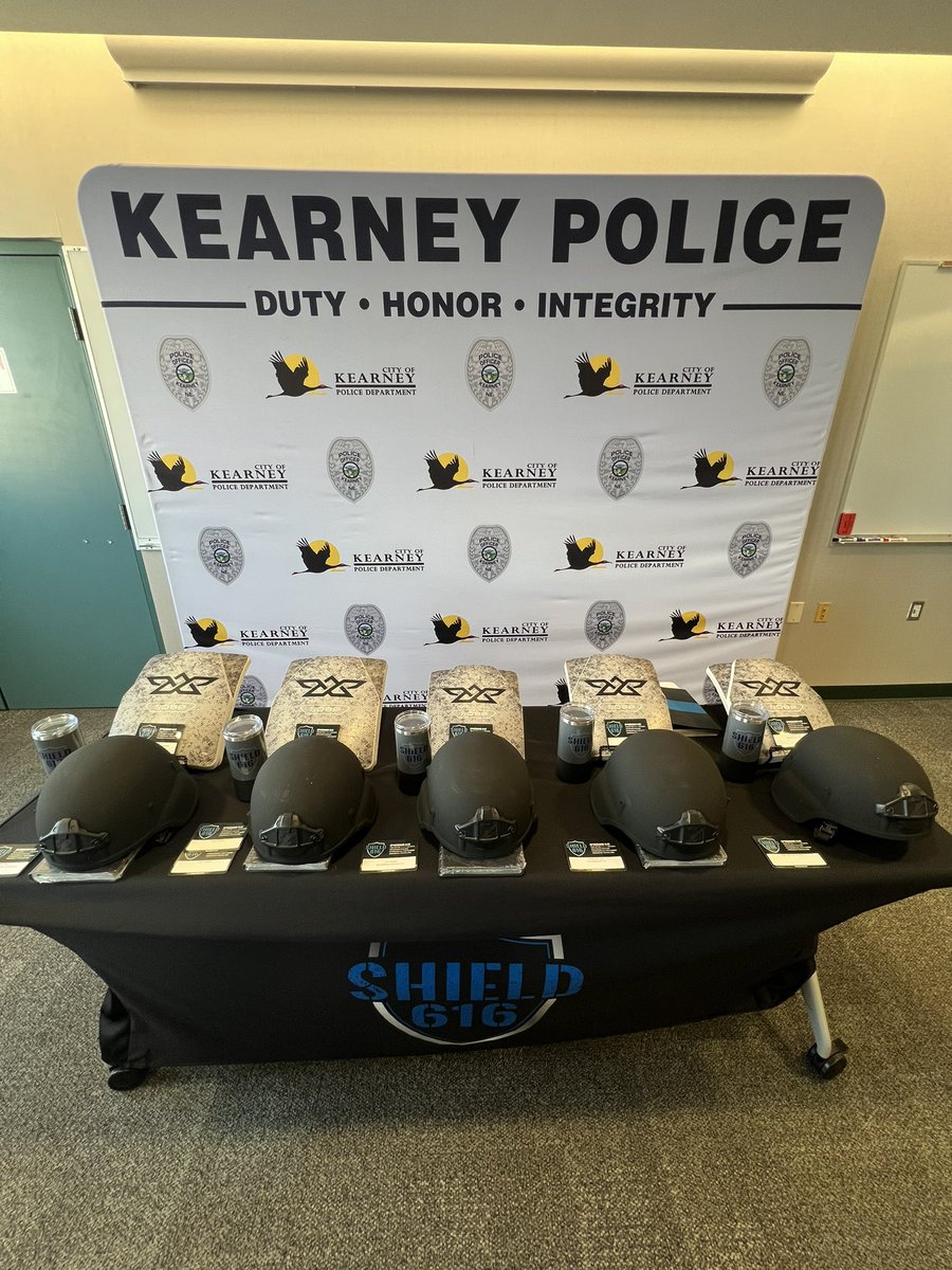 KearneyPolice's tweet photo. Today we were blessed to receive 5 new Angel Armor rifle rated ballistic plates and helmets from @Shield616_ and the @KearneyGives Give Where You Live. Since 2018, the @CityofKearney and Buffalo County community has been graciously supporting the Shield616 Foundation which provides our officers with rifle rated ballistic protection. Founder and former Colorado Springs Police Officer, Jake Skifstad was here today along with his team to present the officers with their new gear. This gear will provide officers with additional protection not normally provided by their normal bullet resistant vests. 

“Once again, I am humbled and incredibly grateful for the continued generosity and support members of the Kearney Police Department enjoy from our amazing community. This is yet another example of the commitment we share with our community toward public safety and the safety of the men and women professionally and selflessly protecting and serving this city. We are inspired by the “why” behind Shield 616 and the intentional mission of officer safety presented by Jake and the entire Shield 616 Team. Thank you to everyone who has donated to this meaningful project over the years, we are truly blessed and thankful for the care and support for professional policing.” – @ChiefWaughKPD