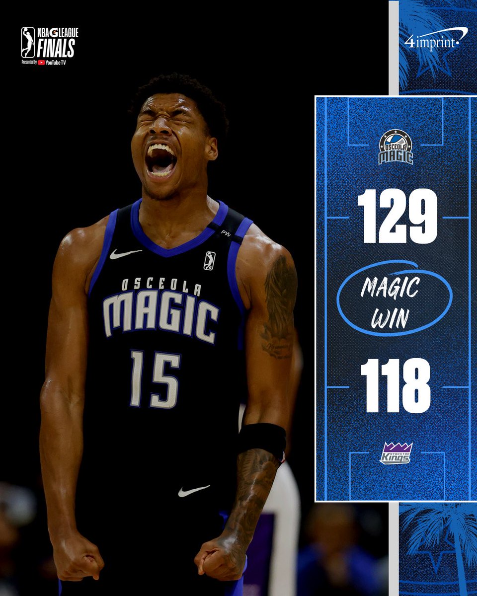 MAGIC WWWIN 🪄
 
Osceola takes Game 1 of the #NBAGLeagueFinals ‼️
 
M. Gardner: 30 PTS, 12-18 FG
McClung: 29 PTS, 7 AST
Thompson: 15 PTS, 6 REB
