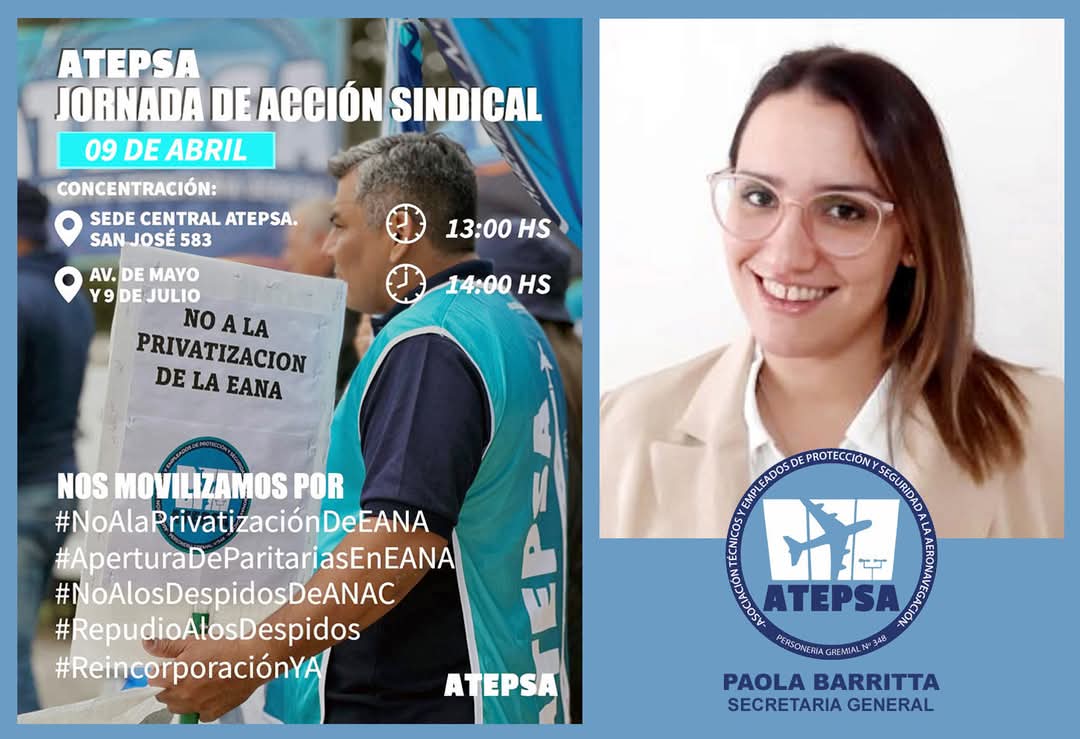 #PROTECCIÓNYSEGURIDAD #AERONAVEGACIÓN La ATEPSA que lidera PAOLA BARRITTA adhiere al PARO GENERAL del 10A y MARCHA el 9A por legítimos reclamos: Paritarias Libres. Aumento Salarial. Reincorporaciones en EANA. 
<a href="/ATEPSA_Nacional/">ATEPSA</a> <a href="/PaoBarritta/">Paola Barritta</a> <a href="/JPSchinello/">Juan Pablo Schinello</a> 
facebook.com/share/p/1AAM26…