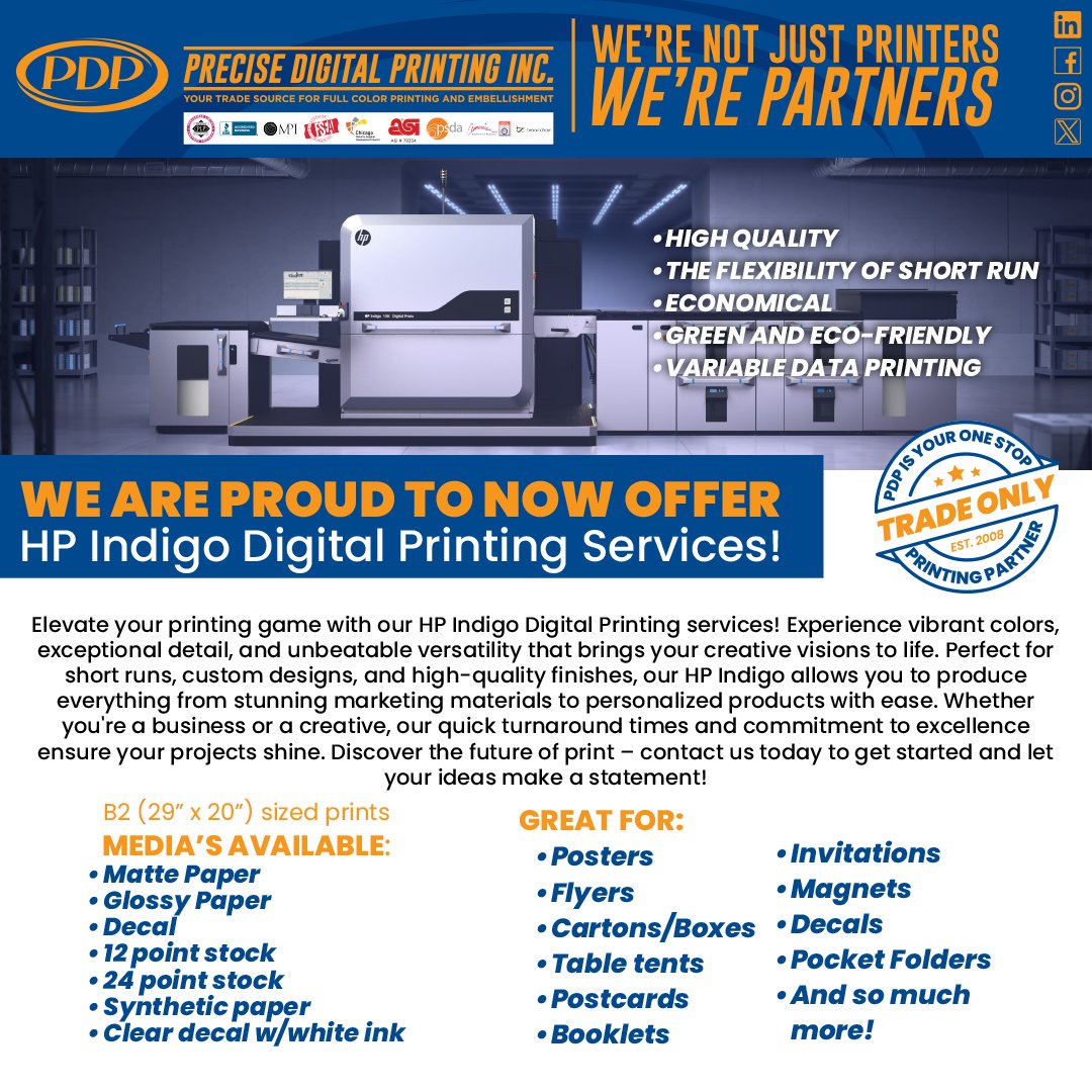 PrintingPrecise's tweet image. We are proud to now offer HP Indigo Printing Services! With a wide range of media options, outstanding color matching, and excellant print quality we dare you to imagine the new business opportunities that PDP has for you! #largeformatprinting #printingcompany #HP #hpindigo