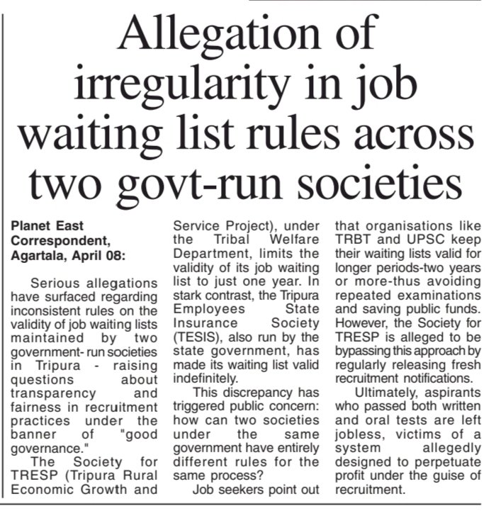Mitagrn's tweet photo. How does the period of the #validity of the #waitinglist of #jobaspirants of #twotypes in two societies which formed under the control of GoT๐
@tripura_cmo, @bikashdbbjp, @JKSinhaIAS, @twdtripura, @mygovtripura
#SocietyforTRESP, #TripuraEmployeesStateInsuranceSociety https://t.co/Kib7a8sBJd