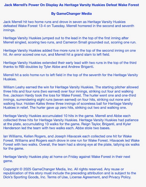 ncscarletknight's tweet photo. Jack Merrell’s Power On Display As Heritage Varsity Huskies Defeat Wake Forest - Heritage Varsity Huskies defeated Wake Forest 13-4 on Tuesday.

@HHSHuskiesbb https://t.co/EYJFhJOhXi