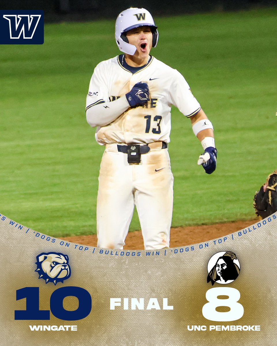 Wingate Bulldogs (@wu_bulldogs) on Twitter photo BULLDOGS WIN!!!!
<a href="/WingateBaseball/">Wingate Baseball</a> takes down UNC Pembroke 10-8 to push the winning streak to six!
Groppuso drove in 3 runs; Barefoot & Harris added 2 RBI apiece! Win for Riehl; save for Harvey
#OneDog BULLDOGS WIN!!!!
<a href="/WingateBaseball/">Wingate Baseball</a> takes down UNC Pembroke 10-8 to push the winning streak to six!
Groppuso drove in 3 runs; Barefoot & Harris added 2 RBI apiece! Win for Riehl; save for Harvey
#OneDog