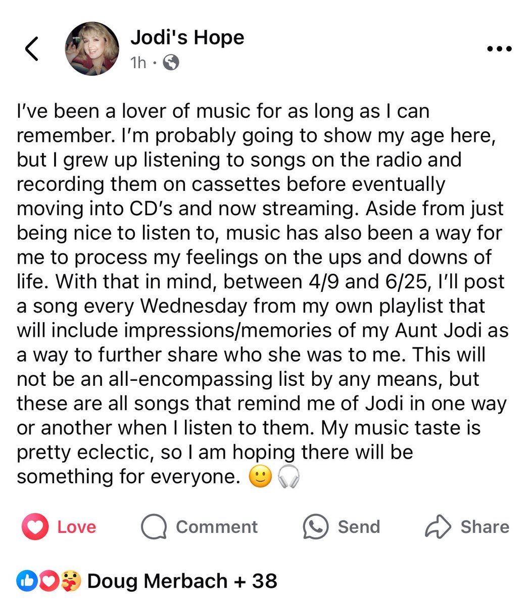 Starting tomorrow, and on every Wednesday until last one before 30th anniversary of Jodi's abduction on 6/27/1995, Jodi's niece will post a song on the Huisentruit's family Facebook page, Jodi's Hope. Kristen will choose songs that will include memories of her Aunt Jodi.#FindJodi