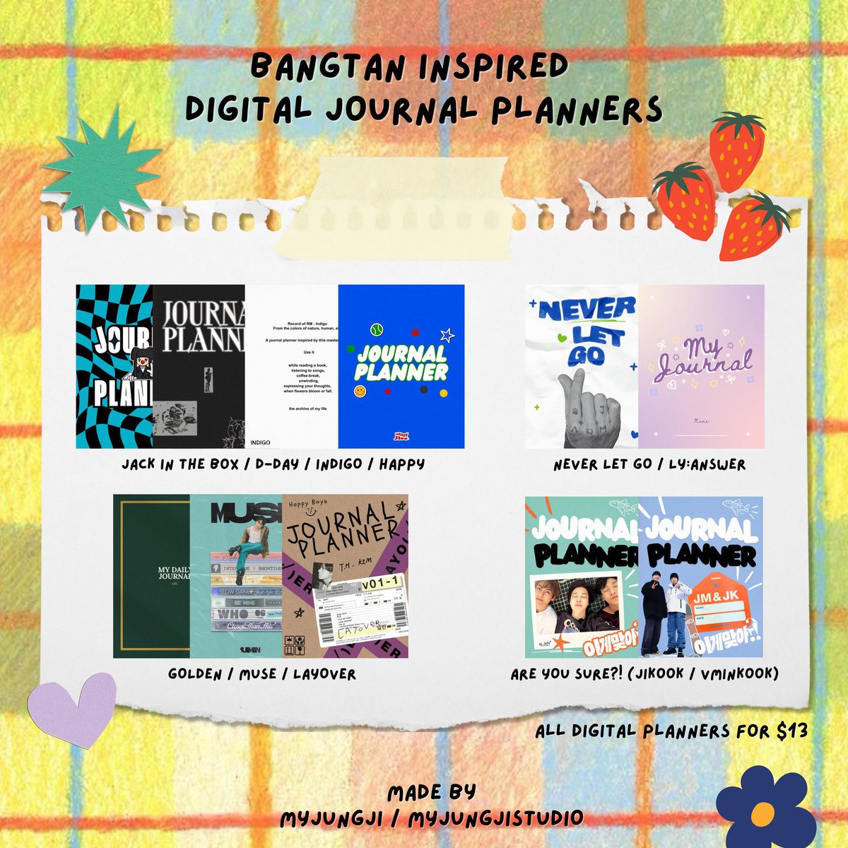 gimbapkuk's tweet photo. hi i’m taking commissions to help our family 🥹💜

i can do pubmats, keyring, sticker, ppt presentations, poster, planner, journal designs etc.

commission fee is up to you!! 💜

you can also get my bts inspired planners here: https://t.co/ljMYtUTo6d

thank you so much 💜 https://t.co/PovQOsuxoi