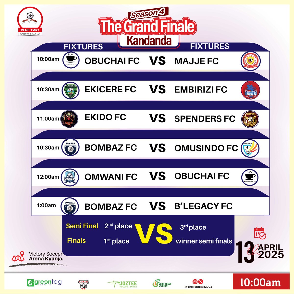 The Final fixture of Season 4 is officially out and what's left now is to pack-up our kits go play on Sunday 13/04/25 or watch those scoring at 🏟️Victory Soccer Arena. #OrwongotoSn4finalwhistle🔥