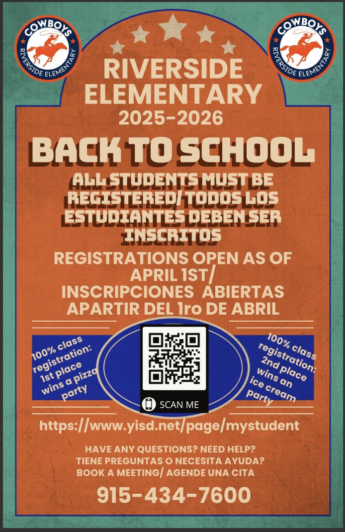Vero Villarreal, Librarian (@vvillarreal31) on Twitter photo Registration is open now!
Enroll your child(dren) to save their space for the 2025-2026 school year! 🤠
Your RES Cowboy family is ready for you! <a href="/RiversideEleme2/">Riverside Elementary School</a> <a href="/UrenoOlivas/">Claudia Ureno-Olivas</a> <a href="/YsletaISD/">Ysleta ISD</a>
Call the office & make an appointment if you need assistance.
#LetsKeepLearningCowboys Registration is open now!
Enroll your child(dren) to save their space for the 2025-2026 school year! 🤠
Your RES Cowboy family is ready for you! <a href="/RiversideEleme2/">Riverside Elementary School</a> <a href="/UrenoOlivas/">Claudia Ureno-Olivas</a> <a href="/YsletaISD/">Ysleta ISD</a>
Call the office & make an appointment if you need assistance.
#LetsKeepLearningCowboys