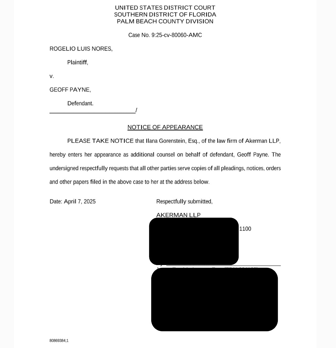 RaveNixkz's tweet photo. 🚨Update🚨
Roger Nores pushes to keep the case in FL: claims Geoff Payne has no ties to Argentina, doesnt speak Spanish and all witnesses (except Bledar) are in FL. Alleges Geoff posed for media and requests a review of Liam’s and Geoffs devices, presenting a 9/18/24 Whtsapp ss📱 https://t.co/ixbixB20Dr