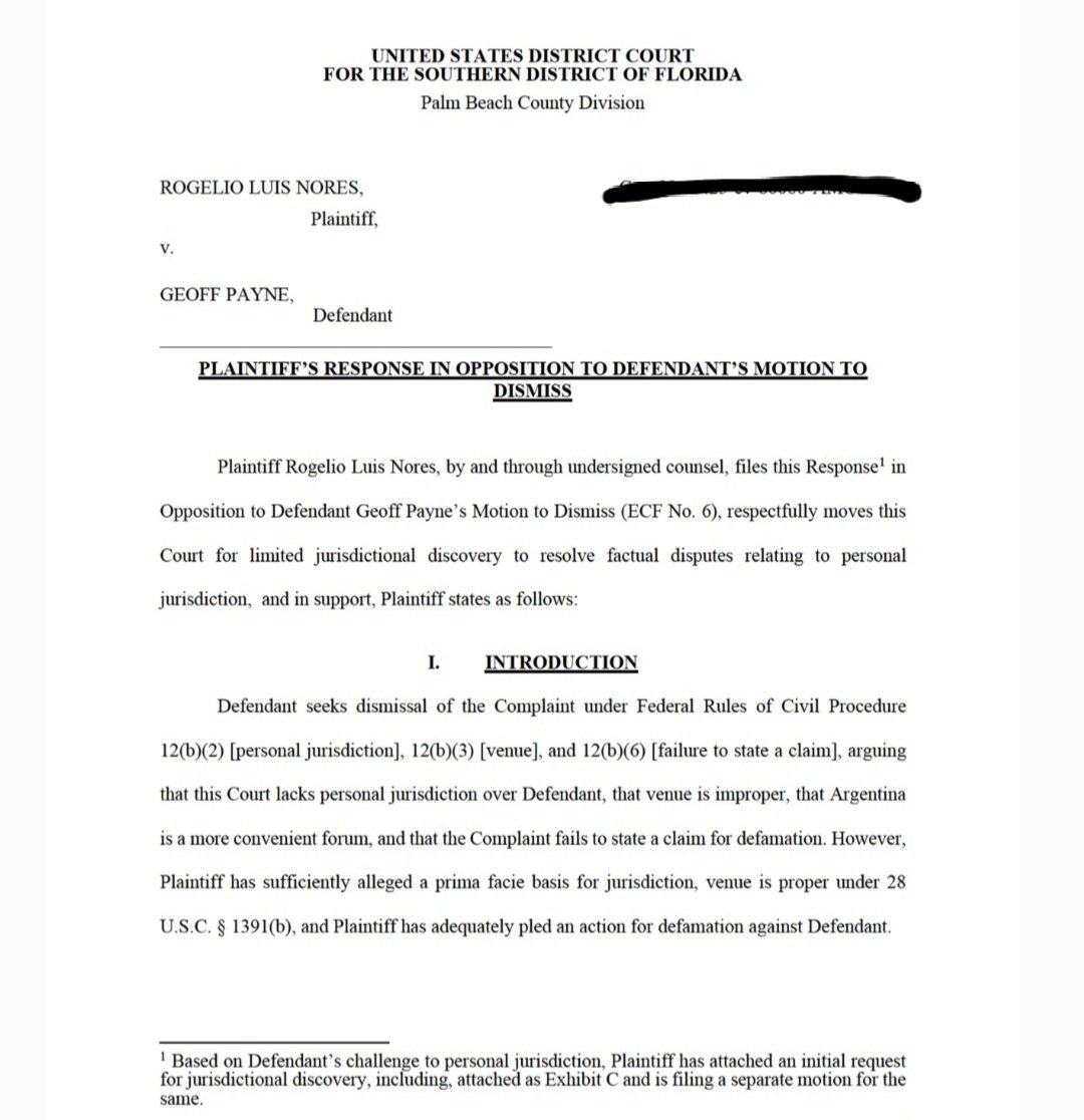 RaveNixkz's tweet photo. 🚨Update🚨
Roger Nores pushes to keep the case in FL: claims Geoff Payne has no ties to Argentina, doesnt speak Spanish and all witnesses (except Bledar) are in FL. Alleges Geoff posed for media and requests a review of Liam’s and Geoffs devices, presenting a 9/18/24 Whtsapp ss📱 https://t.co/ixbixB20Dr