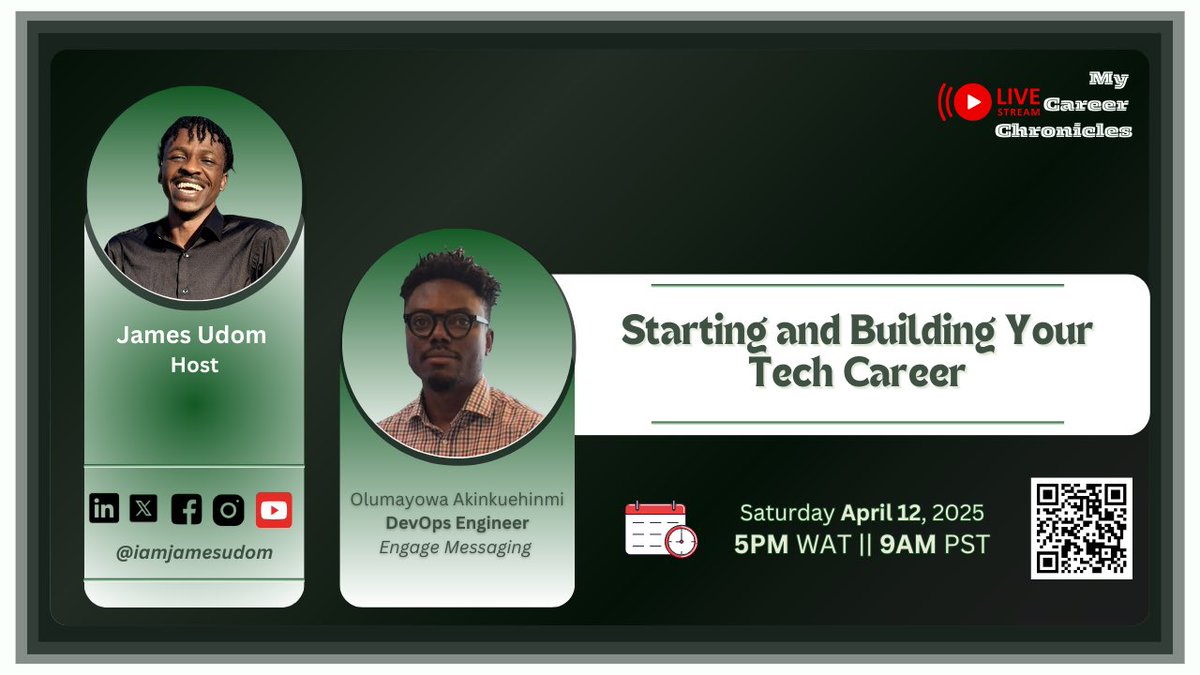 iamjamesudom's tweet photo. The tech industry employs millions of people and has continually provided opportunities for millions of others to start their career there. 

In Ep7 of #MyCareerChronicles I’ll be chatting with @akintunero on Starting and Building your tech career. 

Join here https://t.co/UH3OVMt6G9