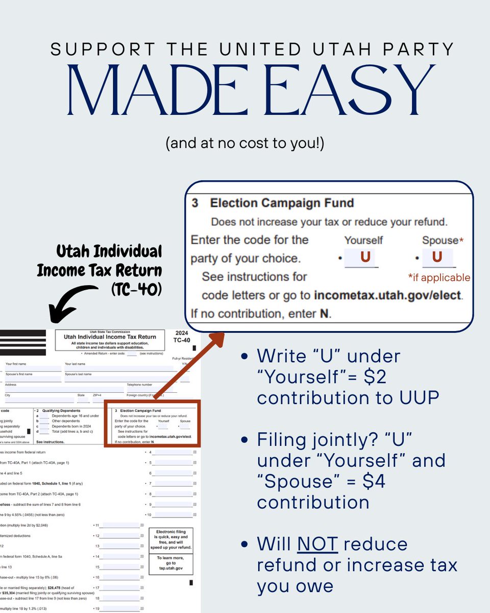 If you are still finishing up your taxes for the State of Utah, don't forget to mark "U" in the Election Campaign Fund box. This sends money directly to the United Utah Party, at no cost to you.