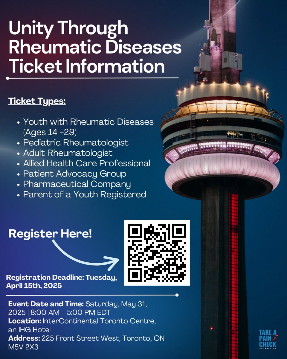 takeapaincheck's tweet photo. Unity Through Rheum has various types of tickets for registered members. Takeapaincheck@events.com will send the tickets for this event to your inbox, please check your email inboxes for your tickets. Use the QR Code or the link in our bio to register! #TAPC #Unitythroughrheum https://t.co/VyLaT0w3t9